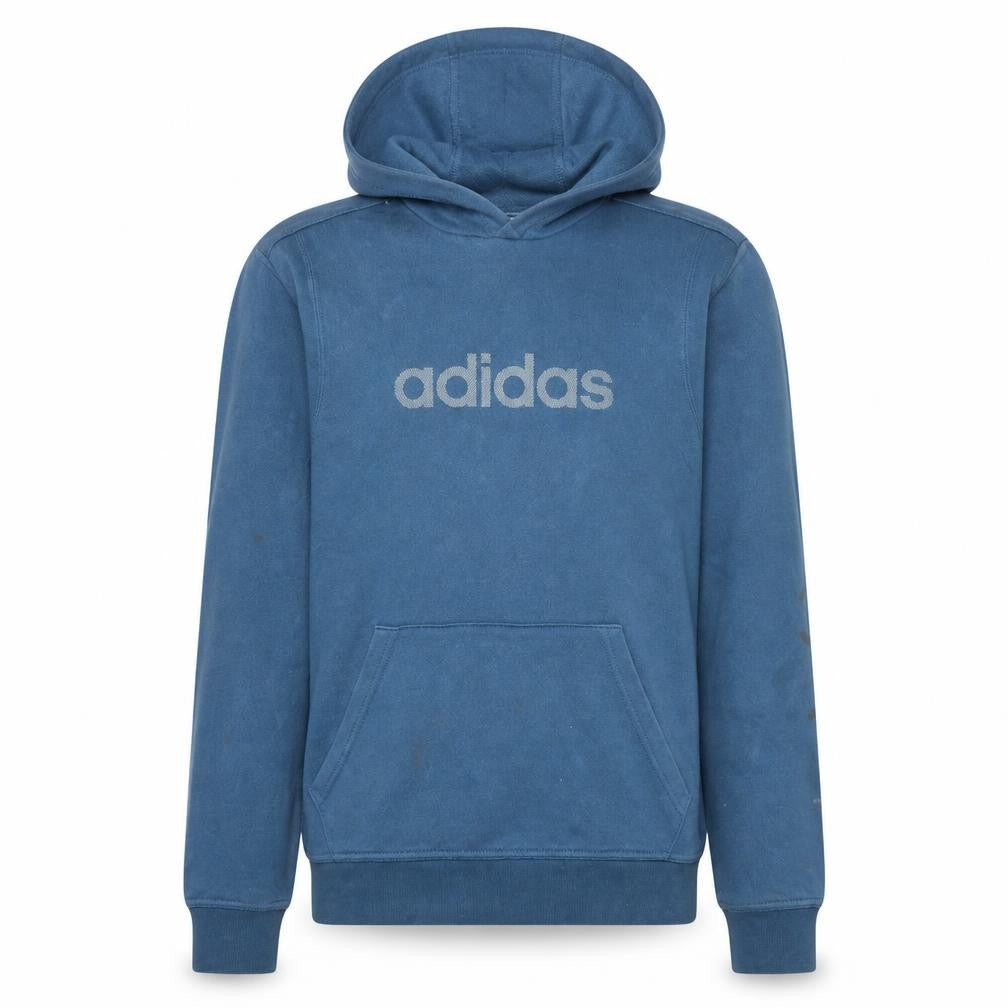 Front view of Adidas Men's Blue Pullover Hoodie, size S, Cotton Blend Logo Sweatshirt