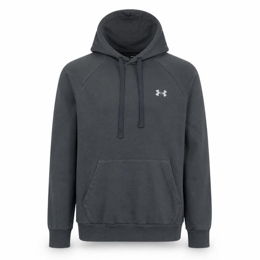 Front view of Under Armour Men's Grey Pullover Hoodie, size M, Loose Fit