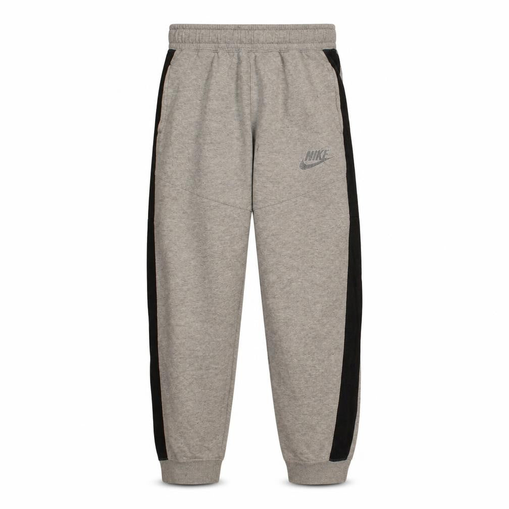 Front view of Nike boys’ grey xl jogger sweatpants with side stripes
