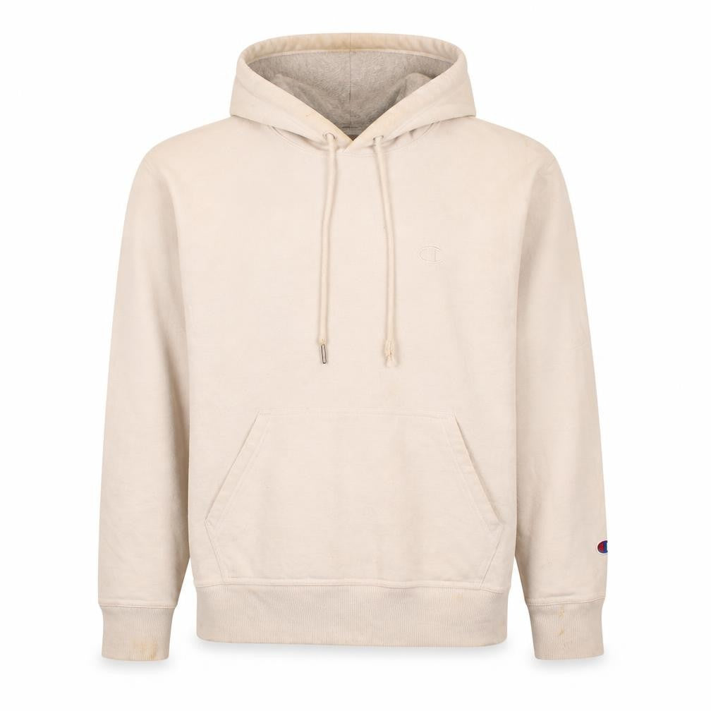 Front view of Champion Men's White Pullover Hoodie M Fleece Athletic Sweatshirt