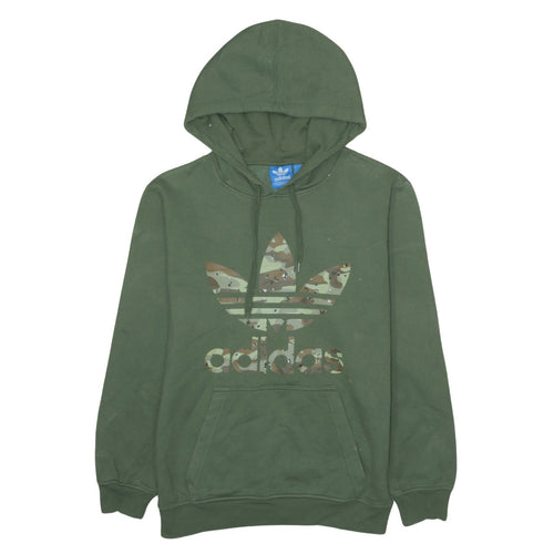 Adidas Men Green Small Pullover Hoodie Camouflage Logo Fleece
