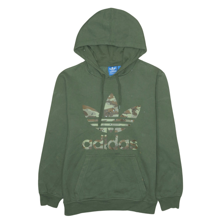Adidas Men Green Small Pullover Hoodie Camouflage Logo Fleece