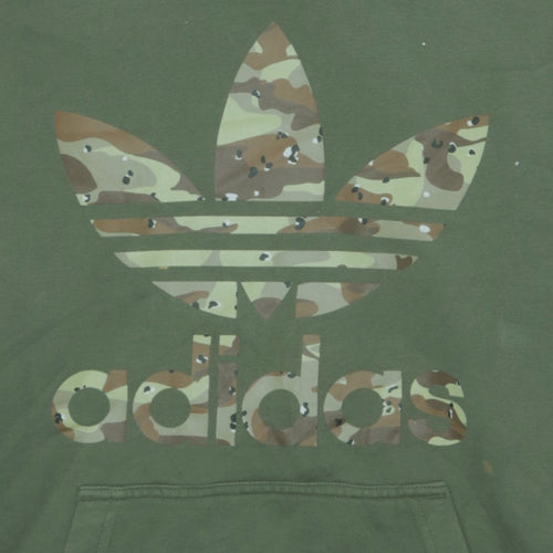 Adidas Men Green Small Pullover Hoodie Camouflage Logo Fleece
