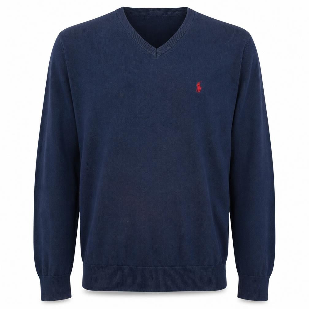 Front view of Ralph Lauren Men's Blue XL V-Neck Cotton jumper