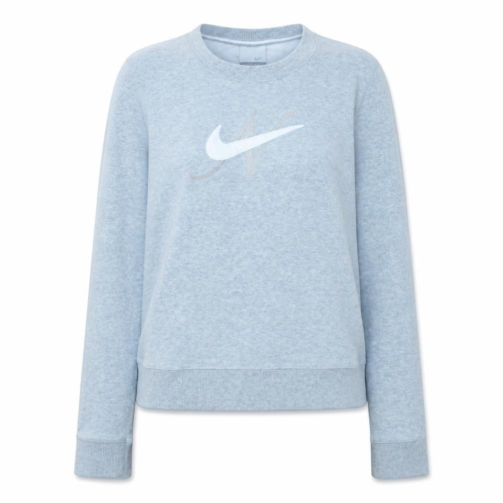 Front view of Nike women’s grey long sleeve crew neck pullover sweatshirt, size M