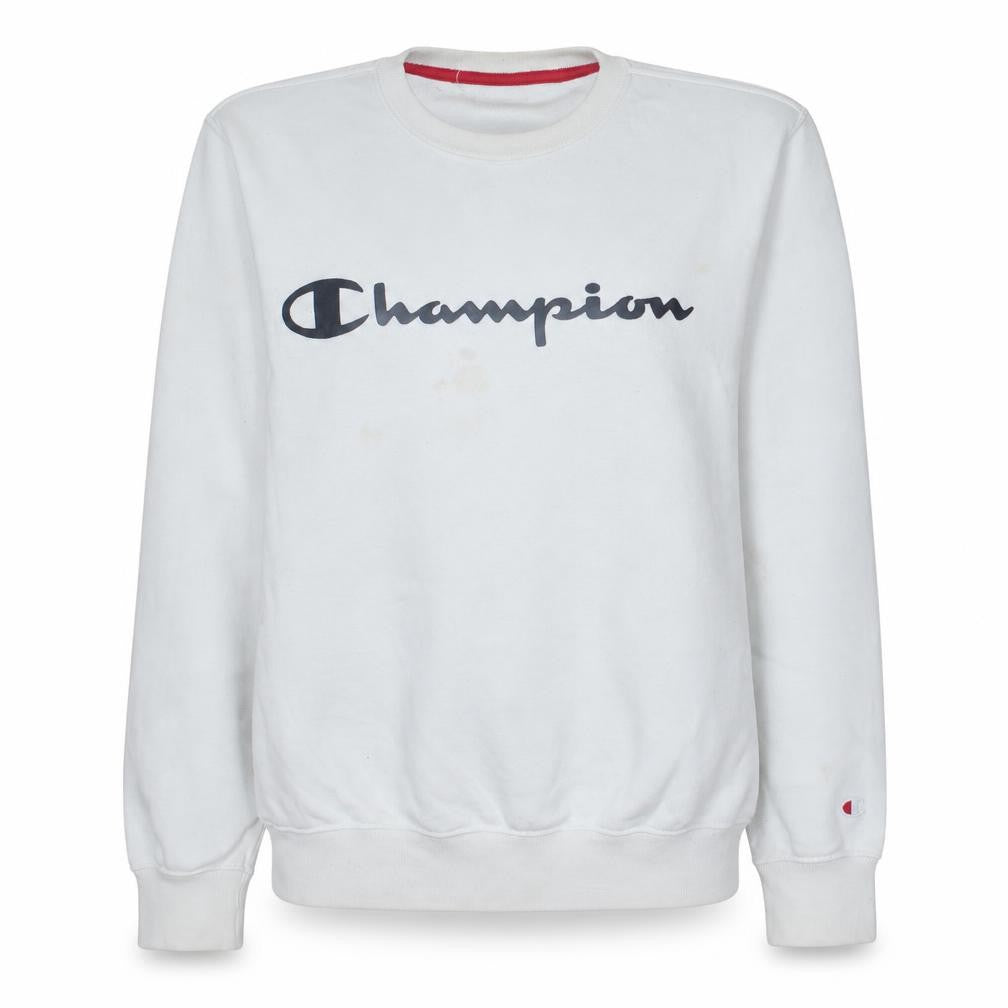 Front view of Champion women’s white xs pullover sweatshirt cotton blend crew neck