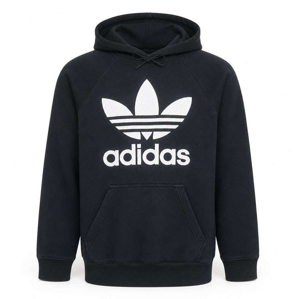 Front view of adidas men’s black pullover hoodie small logo fleece sweatshirt