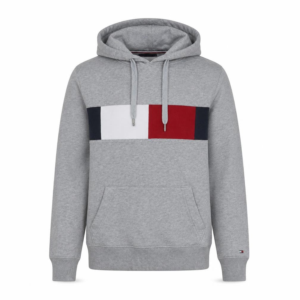 Front view of Tommy Hilfiger Men's Grey Pullover Hoodie S Logo Graphic Cotton