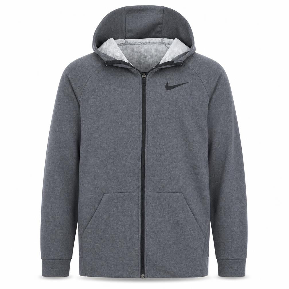 Front view of Nike Men's Grey Full Zip Dri-Fit Hoodie, size M