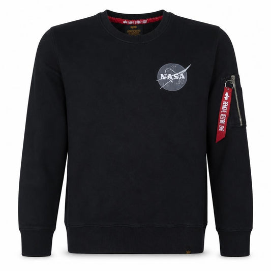 Front view of Alpha Industries Men's Black NASA Logo Sweatshirt M Regular Fit