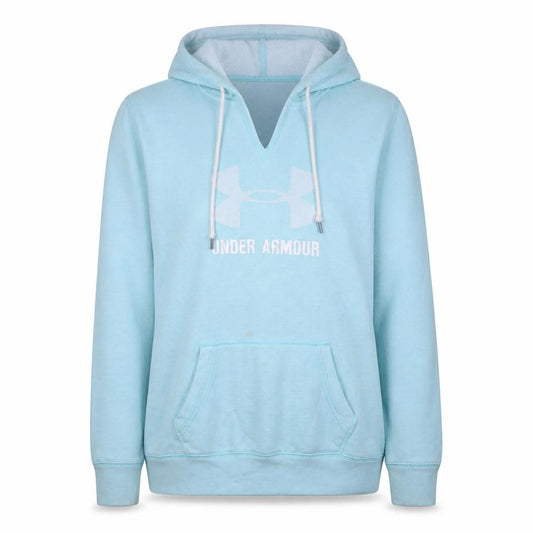 Front view of Under Armour Women Blue Pullover Hoodie, size L, Loose Fit