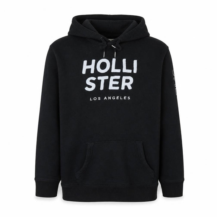 Hollister Mens Black Pullover Hoodie L Logo Graphic Fleece Sweatshirt