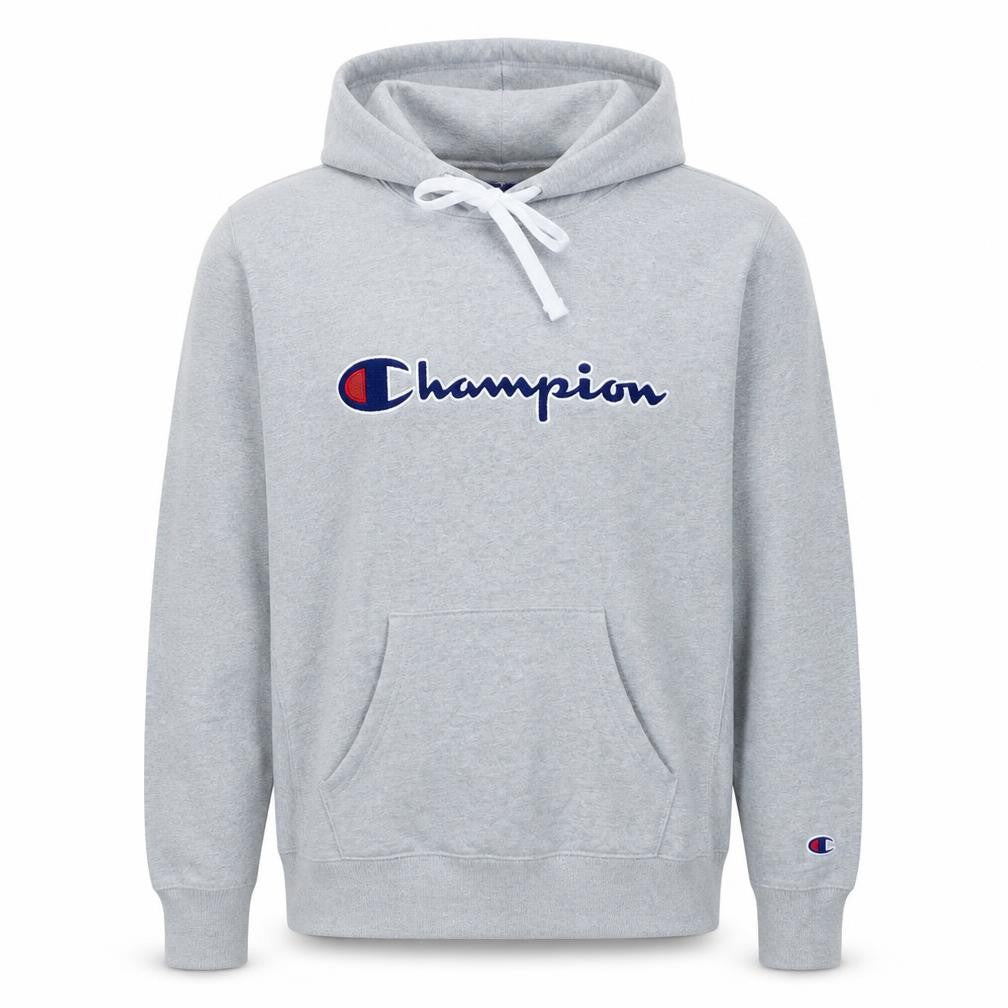 Front view of Champion men’s grey pullover hoodie medium embroidered logo
