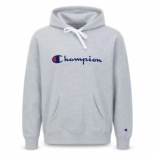 Front view of Champion men’s grey pullover hoodie medium embroidered logo