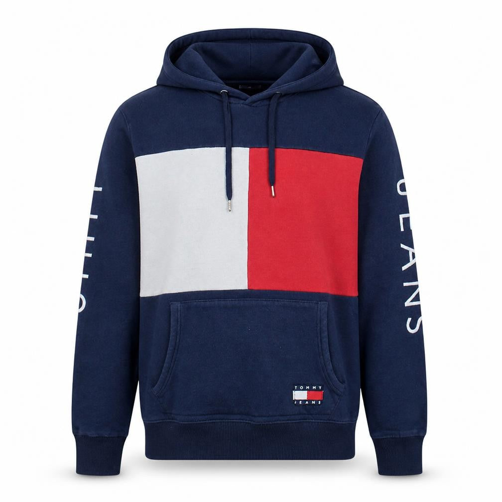 Front view of Tommy Jeans Men's Blue Pullover Hoodie M Logo Graphic Fleece