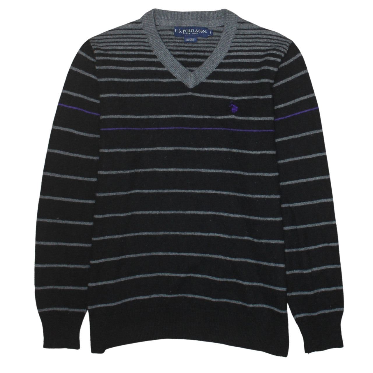 U.S. Polo Assn. Men's Black Striped V-Neck Jumper Size S