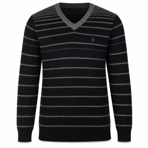 U.S. Polo Assn. Men's Black Striped V-Neck Jumper Size S