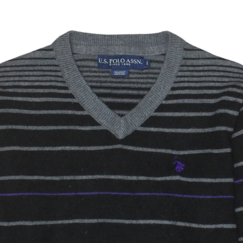 U.S. Polo Assn. Men's Black Striped V-Neck Jumper Size S