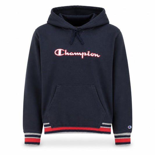 Front view of Champion women’s navy blue pullover hoodie, size L, embroidered logo