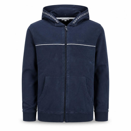 Front view of Hugo Boss boys’ blue full zip hoodie, size 14, years regular fit