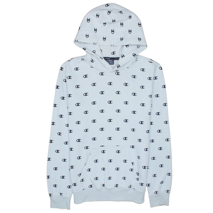 Champion Women’s Light Blue XS Pullover Hoodie All Over Logo Print