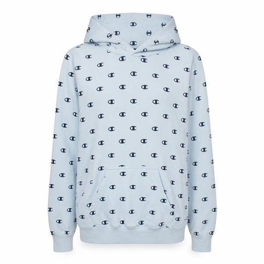 Front view of Champion Women’s Light Blue XS Pullover Hoodie All Over Logo Print