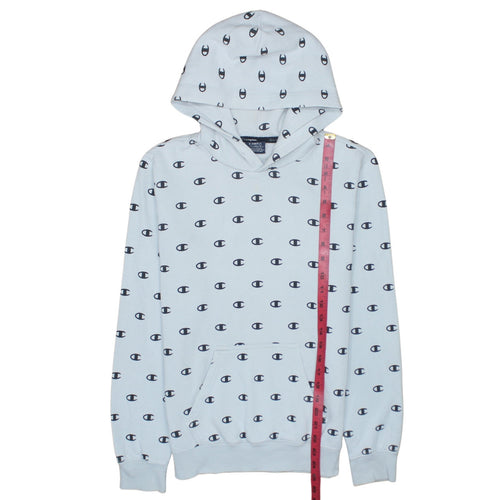 Champion Women’s Light Blue XS Pullover Hoodie All Over Logo Print