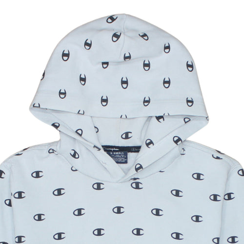 Champion Women’s Light Blue XS Pullover Hoodie All Over Logo Print