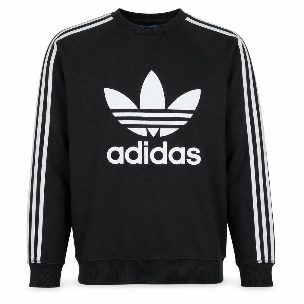 Front view of Adidas men’s black s pullover sweatshirt with logo stripes
