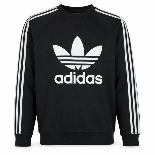 Front view of Adidas men’s black s pullover sweatshirt with logo stripes