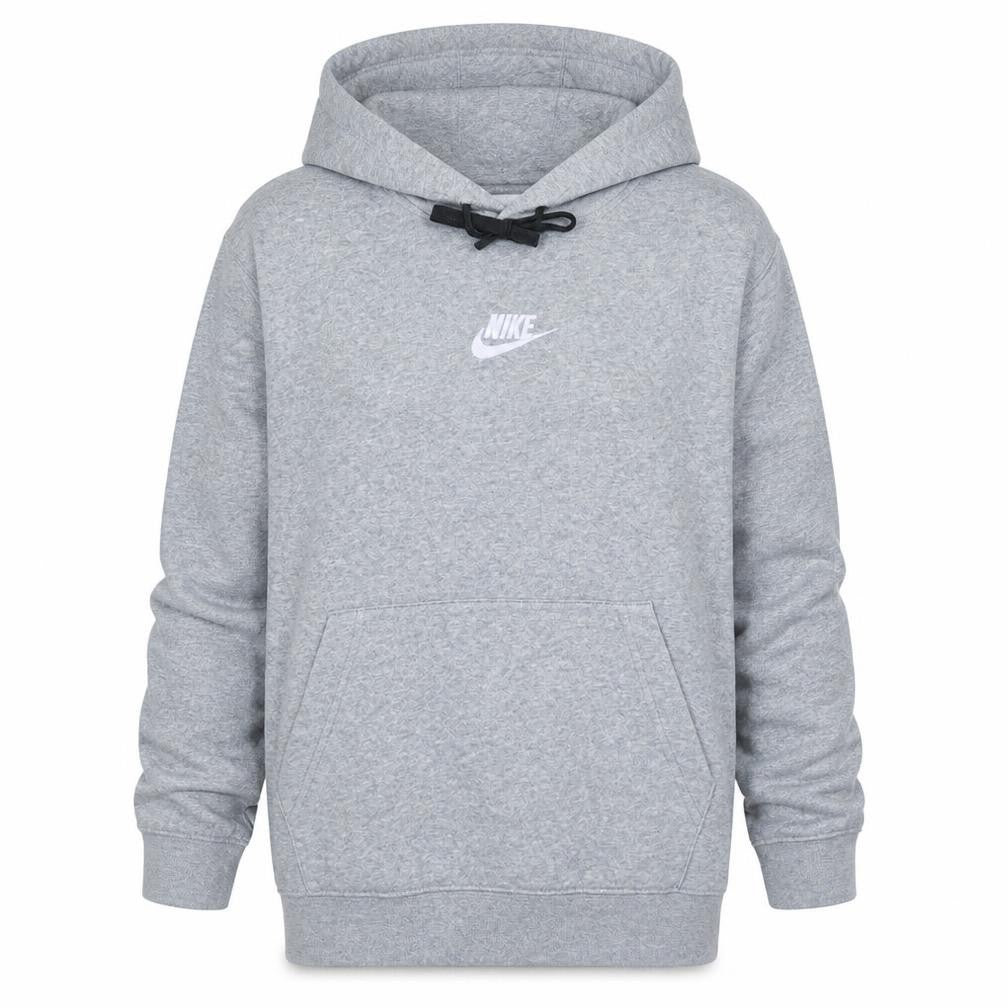 Front view of Nike women’s grey pullover hoodie sweatshirt m drawstring logo lined