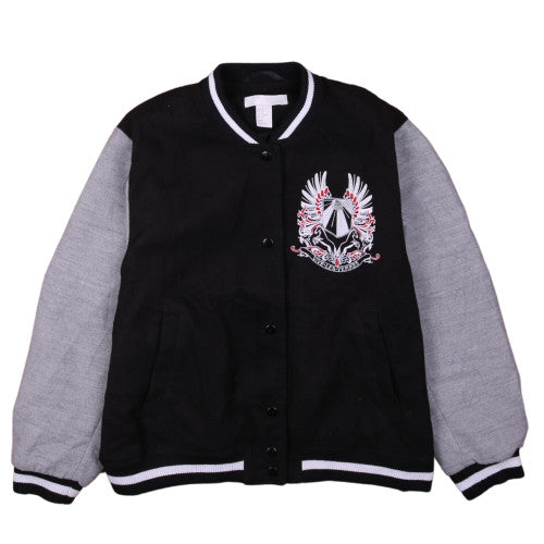 H&M Womens Black Varsity Jacket Size 14 Embroidered Crest Casual