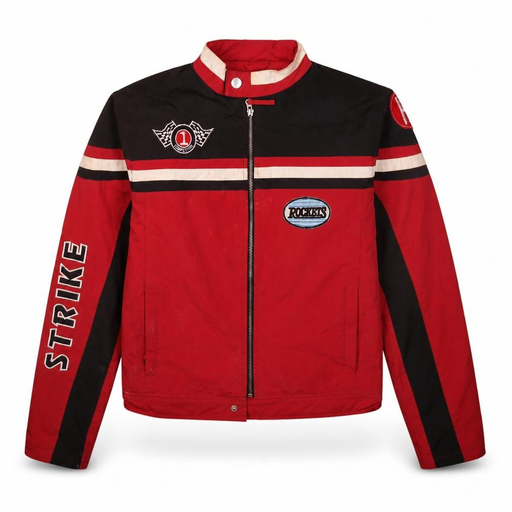 Front view of VD Fashion women’s red black racing motorcycle jacket m