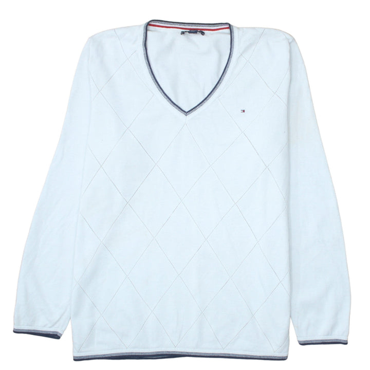 Tommy Hilfiger Men’s White V-Neck Argyle Cotton Jumper L