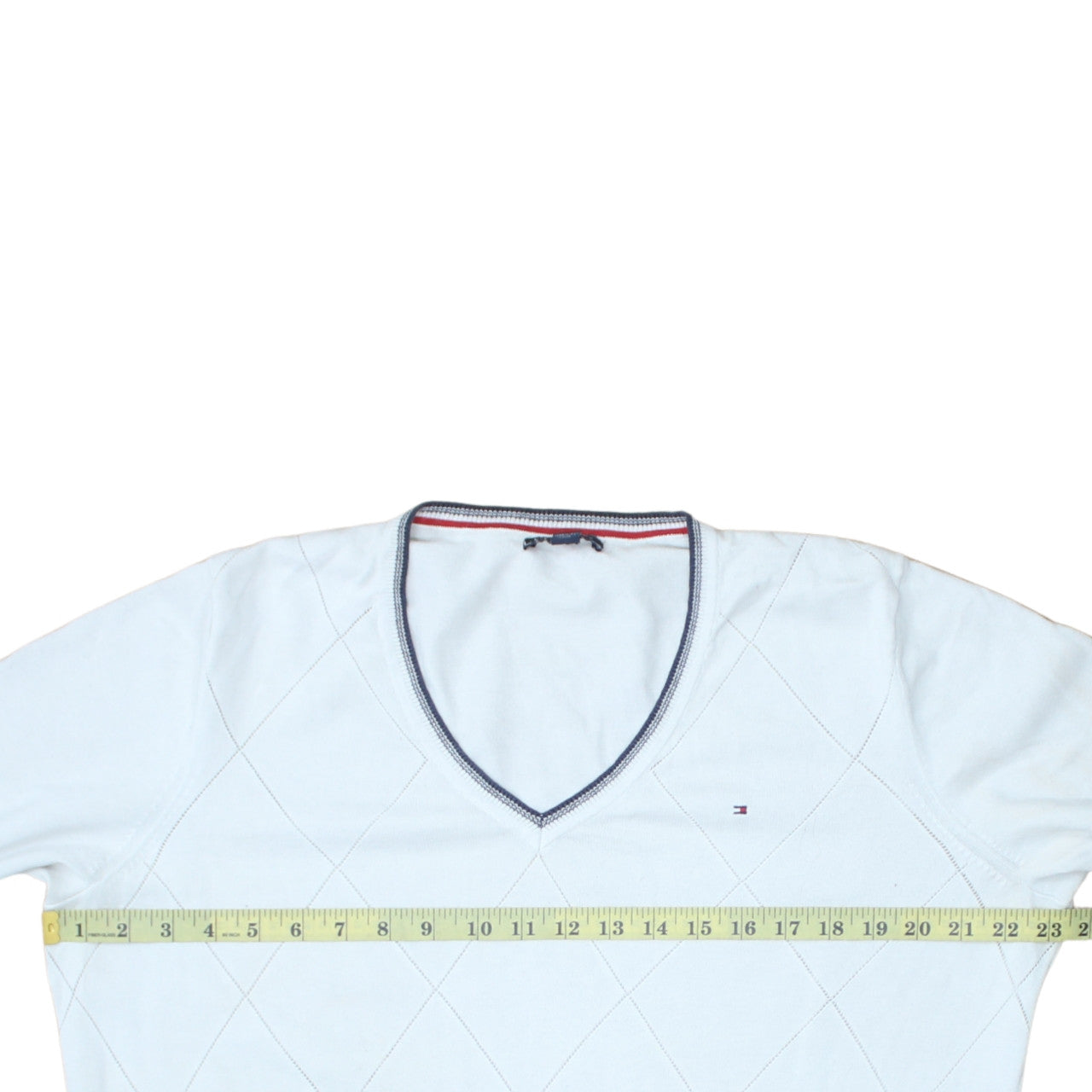 Tommy Hilfiger Men’s White V-Neck Argyle Cotton Jumper L