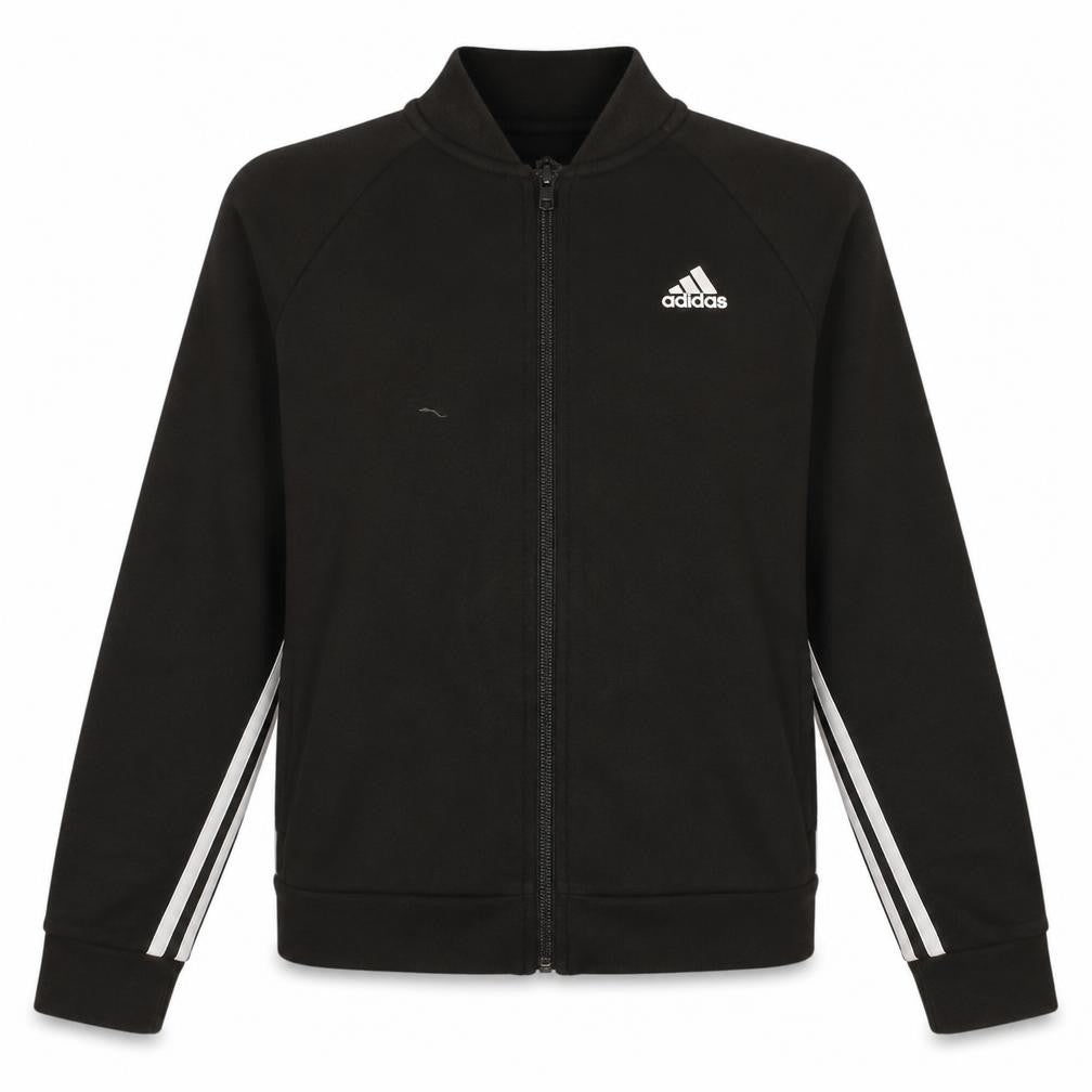Front view of Adidas women’s black track jacket, size UK 8, full zip sportswear