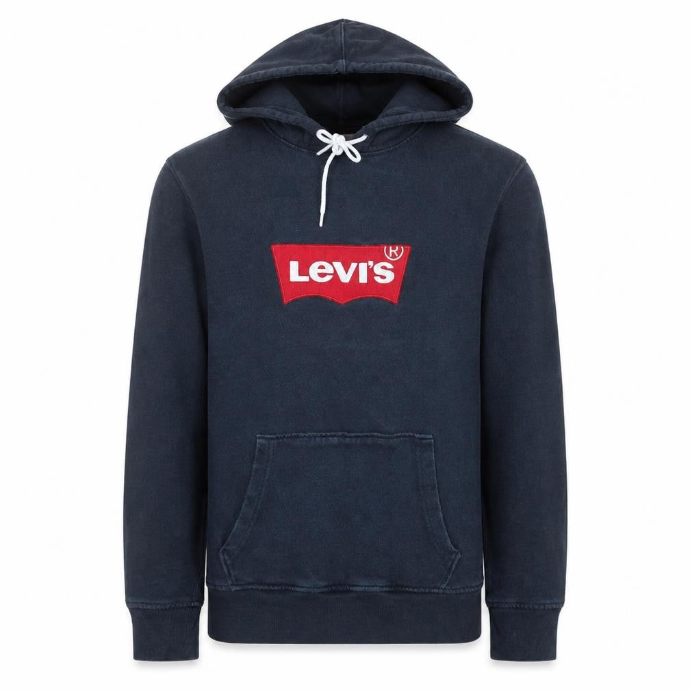 Front view of Levi's Men's Blue Pullover Hoodie Small Logo Fleece Sweatshirt