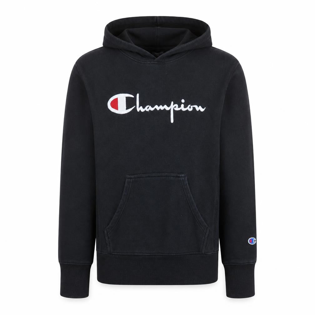 Front view of Champion Men’s Black Pullover Hoodie Small Embroidered Logo Fleece