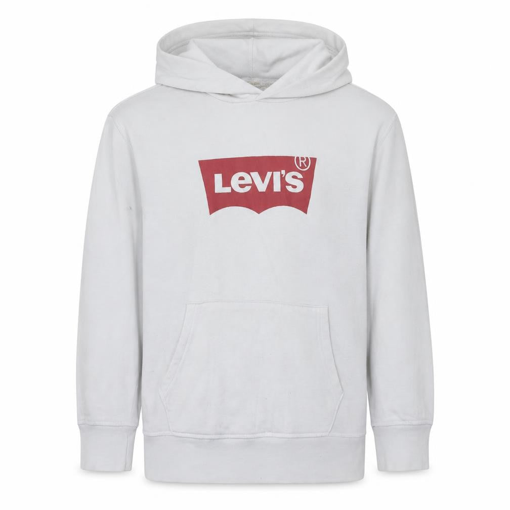 Front view of Levi's men’s white xs pullover hoodie with logo graphic print