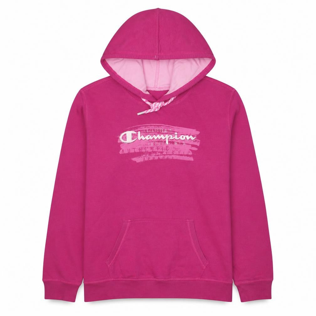 Front view of Champion Women’s Pink Pullover Hoodie, size L, Heritage Fit