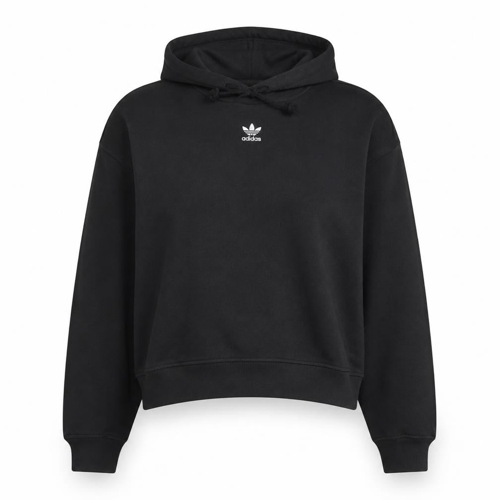 Front view of Adidas women’s black uk 12 cropped pullover hoodie sweatshirt
