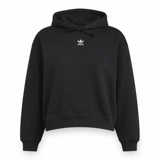 Front view of Adidas women’s black uk 12 cropped pullover hoodie sweatshirt
