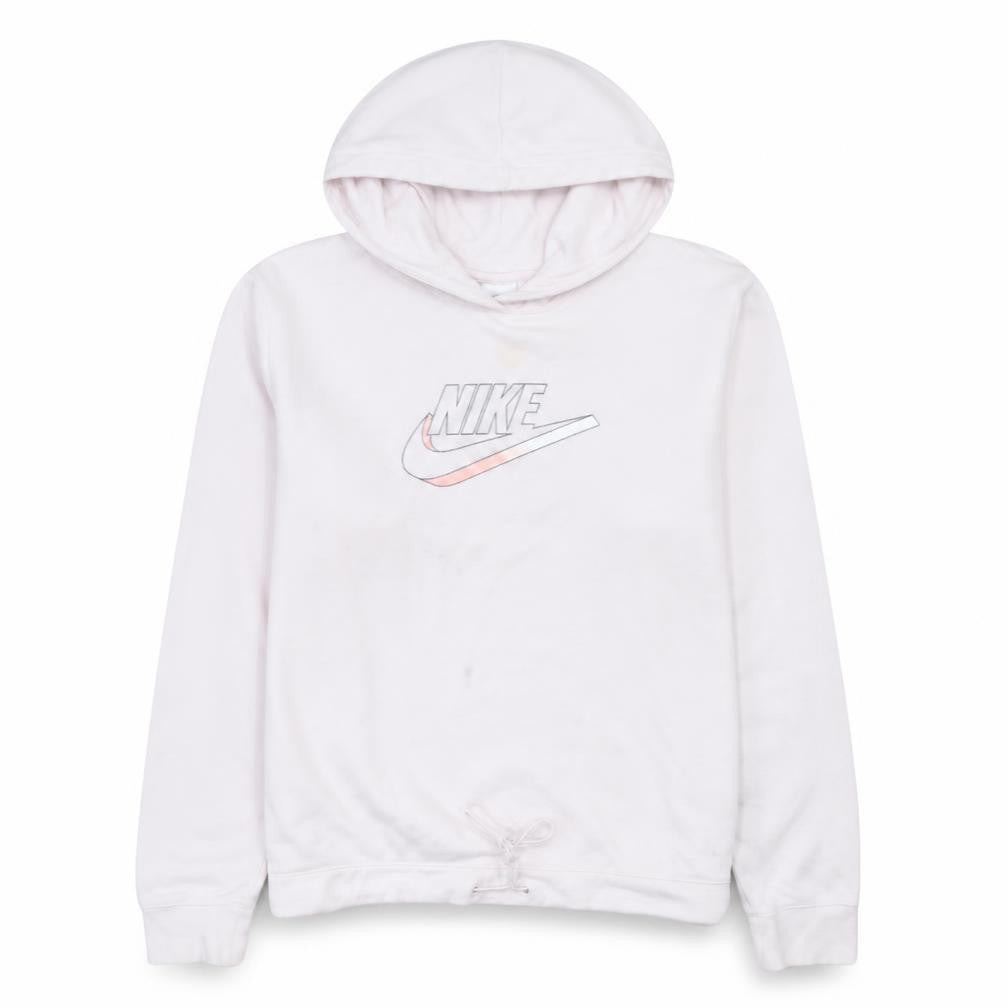 Front view of Nike Women’s Pink Hoodie Medium Pullover Drawstring Logo Sweatshirt