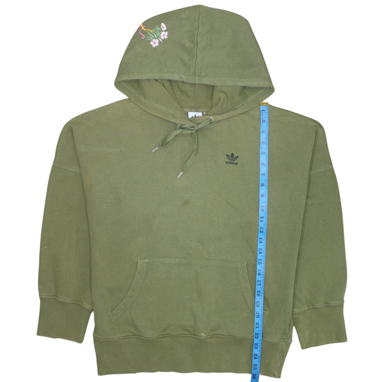Adidas Womens Green Embroidered Pullover Hoodie Size 10 Relaxed Fit