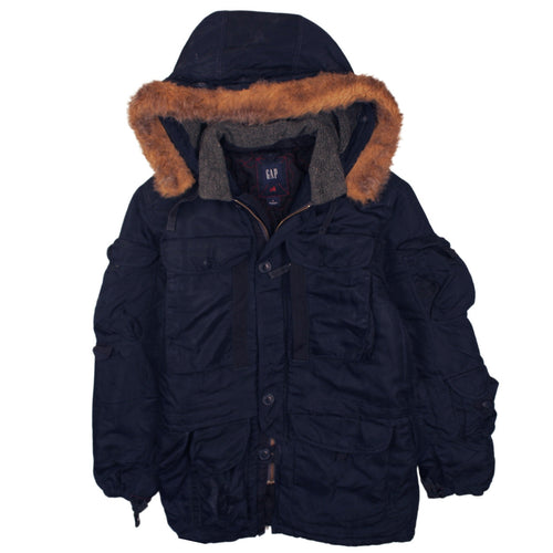 GAP Men Blue Fur Trim Hooded Parka Jacket Size M