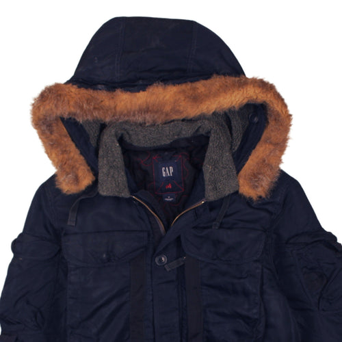 GAP Men Blue Fur Trim Hooded Parka Jacket Size M