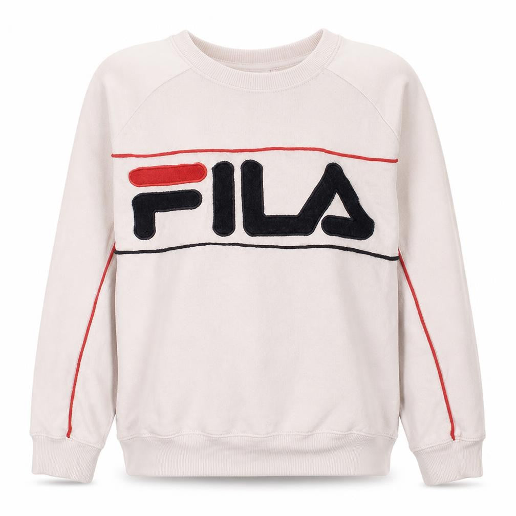 Front view of Fila women’s white xs sweatshirt crew neck logo pullover