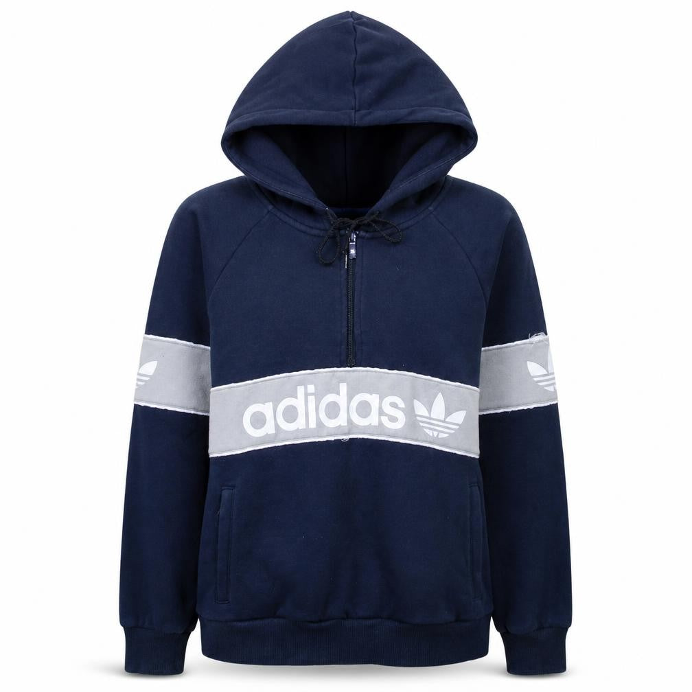 Front view of Adidas Women Navy Hoodie, size 14, Logo Half Zip Pullover Sweatshirt