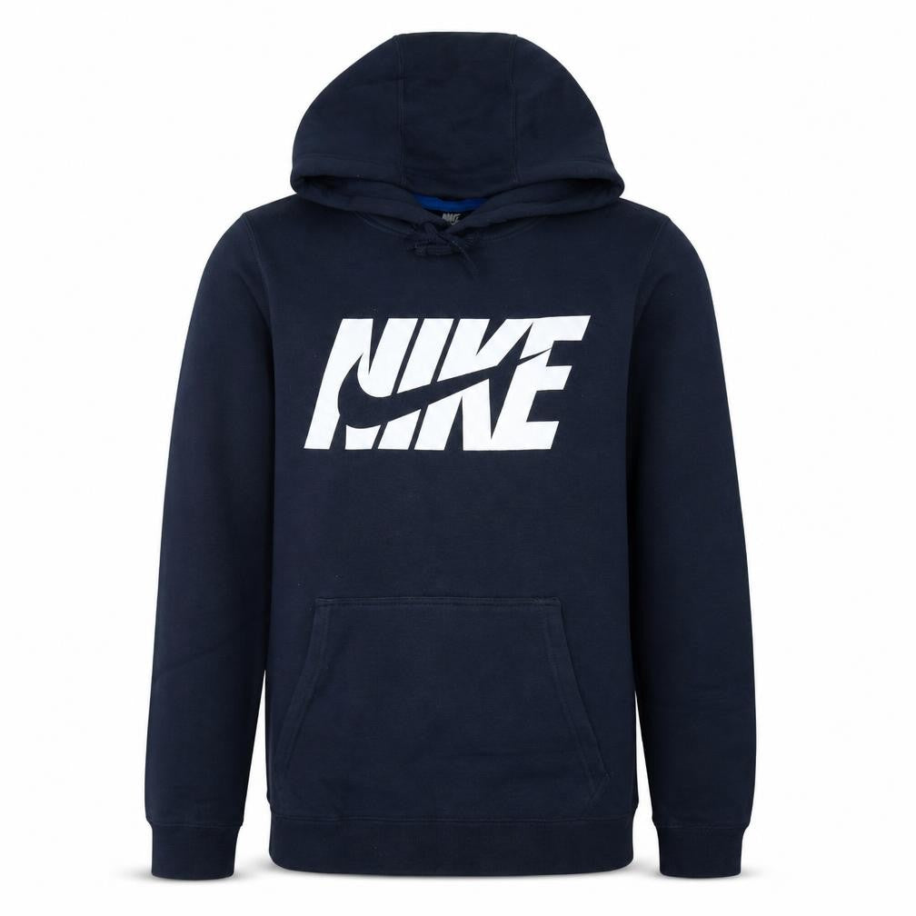 Front view of Nike Men's Blue Pullover Hoodie Small Logo Fleece Sweatshirt