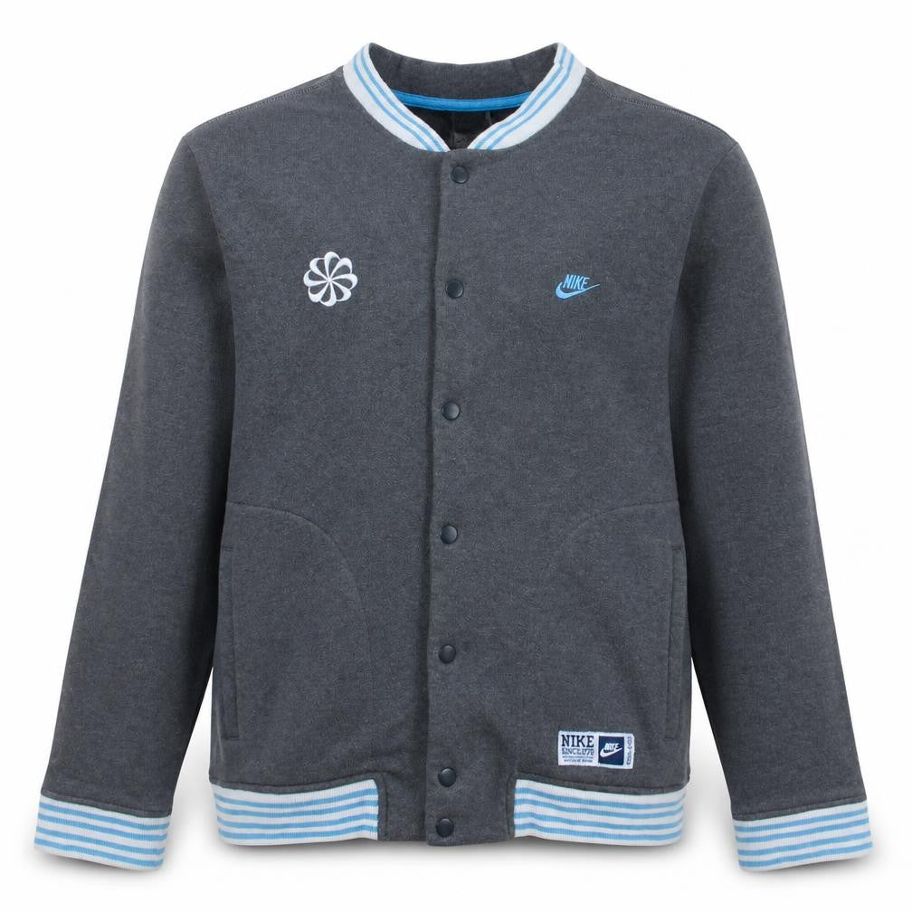 Front view of Nike Men's Grey Varsity Jacket, size M, Cotton Blend Sportswear